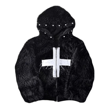 Black Faux Fur Cross Hoodie